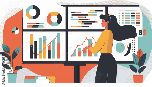 Illustration of Woman analyst analyzing data and creating insight reports on a business analytics dashboard containing KPIs, charts, and metrics Created by generative AI