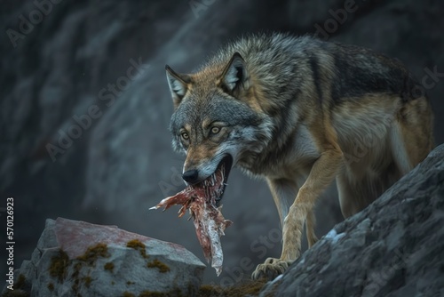 Male Wolf hunt prey and eat carcasses in the mountain, AI generated photo