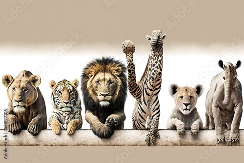 A row of African safari animals hanging their paws over a white banner. Image sized to fit a popular social media timeline photo placeholder, AI generated photo