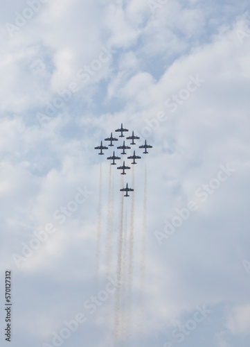 Airplanes flying in formation in a flight show. Blue sky in the background. Air Show, Sky Aerobatic Team, Plane acrobatics, Planes.