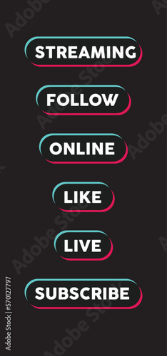 Social media call to action buttons. Streaming live online, follow, like and subscribe. Click here.