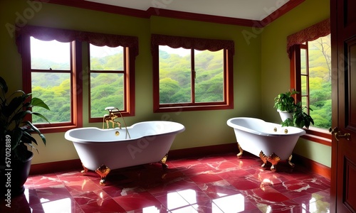 Luxury bathroom with tall windows and a clawfoot bathtub or bathtubs  ai generated