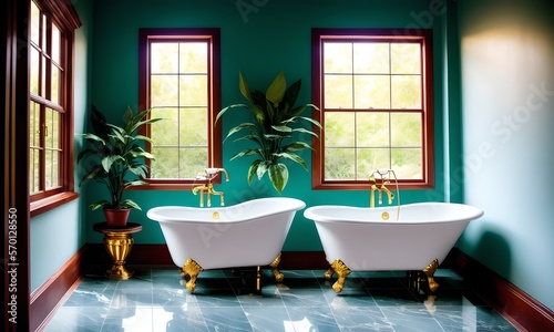 Luxury bathroom with tall windows and a clawfoot bathtub or bathtubs, ai generated © G-IMAGES