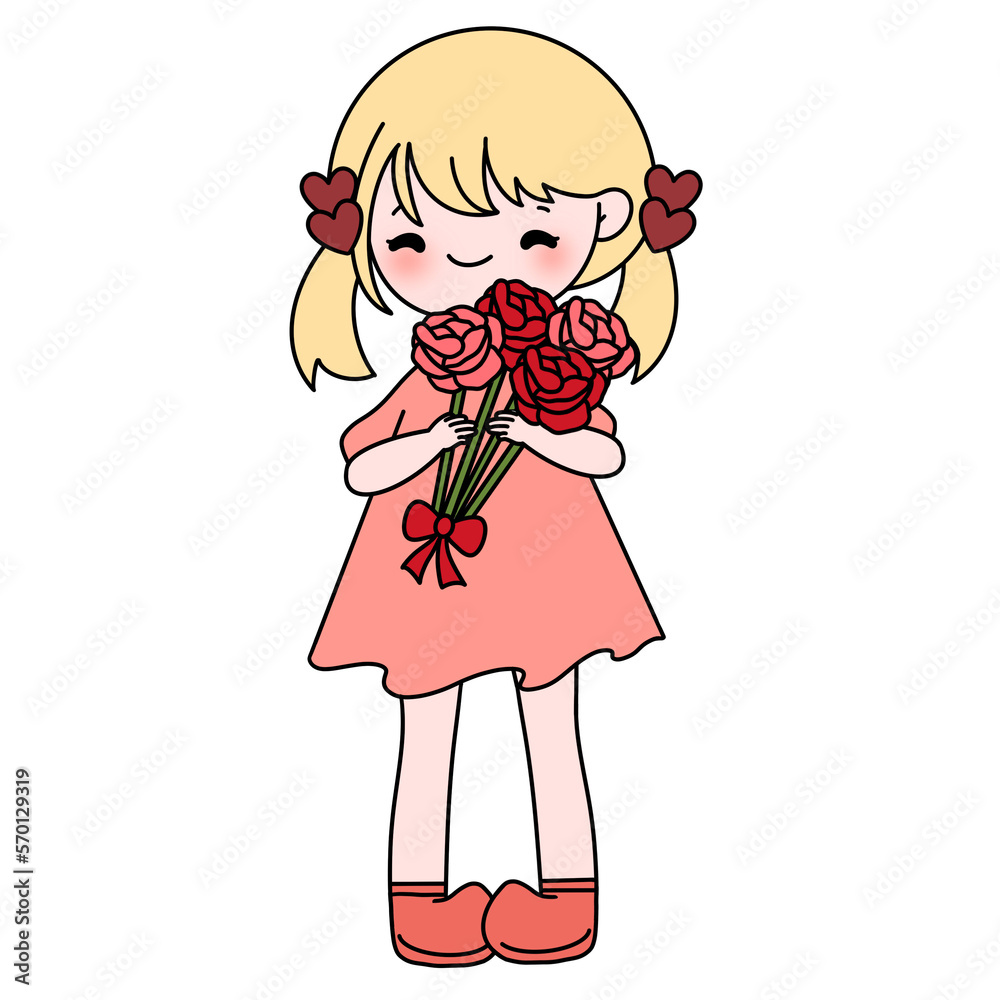 Valentine girl holding a bouquet of roses color illustration. Valentine girl holding a bouquet of roses color illustration.