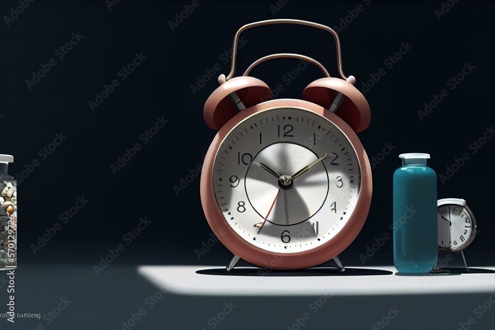 A tube of pills and an alarm clock. The time on the clock is 2 am