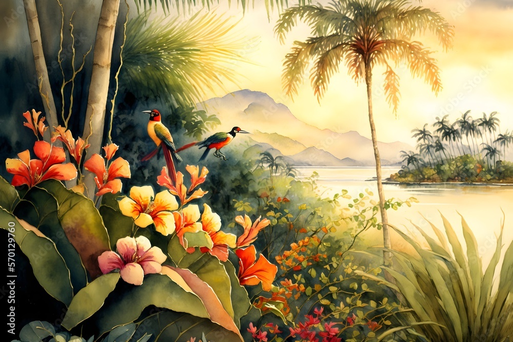 Tropical Paradise wallpaper. trees and birds with detailed watercolor