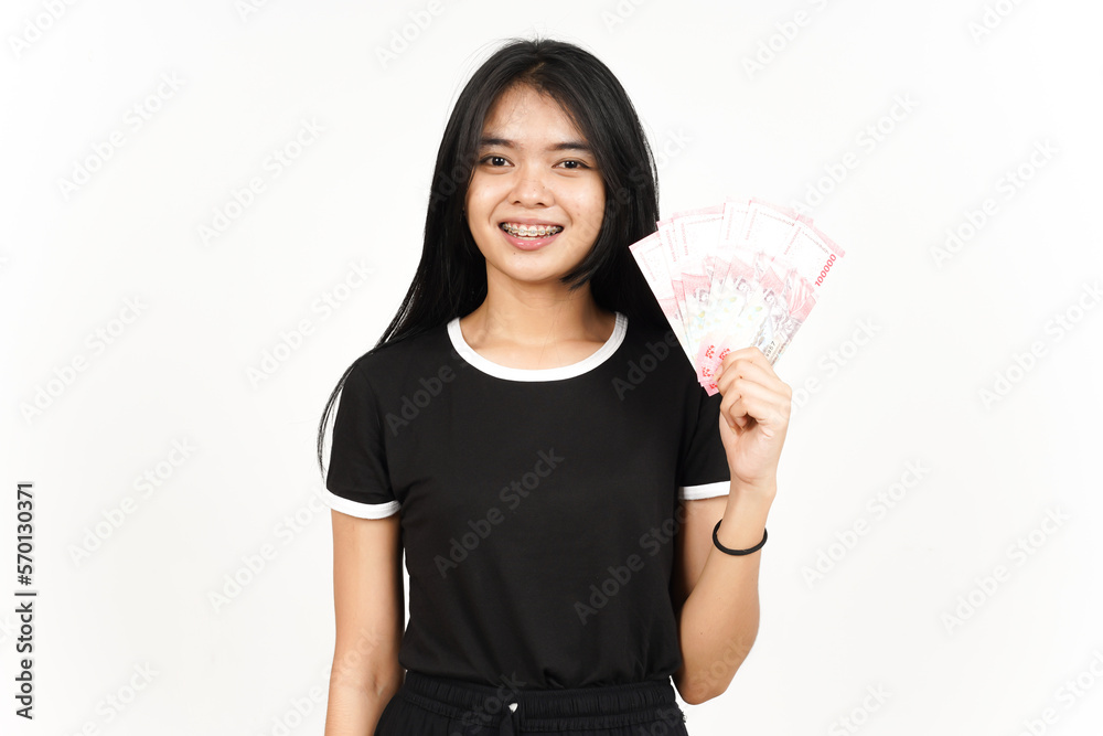 Holding 100000 Rupiah Banknote of Beautiful Asian Woman Isolated On White Background Holding 100000 Rupiah Banknote of Beautiful Asian Woman Isolated On White Background