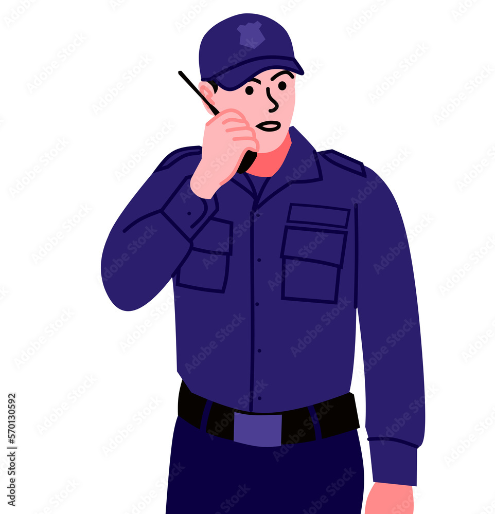 Male security officer with walkie talkie phone in hand flat design vector art illustration