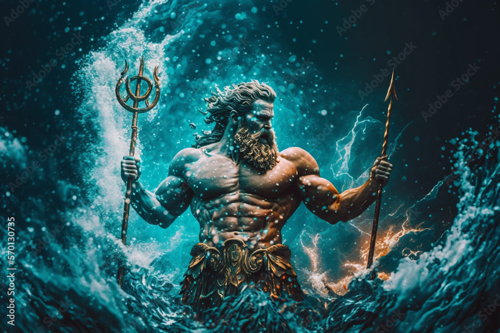 The statue of Poseidon with three forks stands in the waves Stock ...