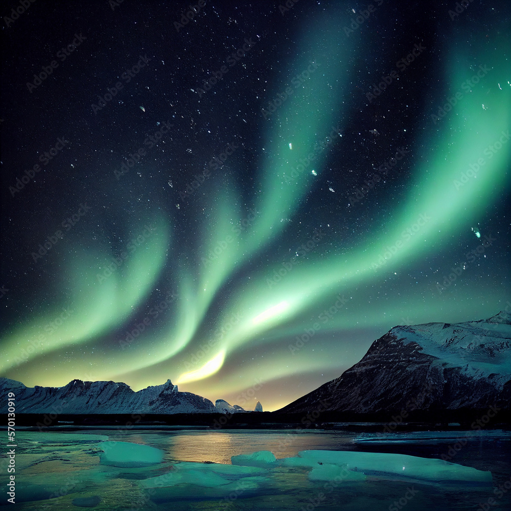 Polar lights over frozen landscape