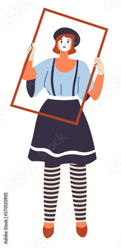 Mime woman with frame, performer or artist vector