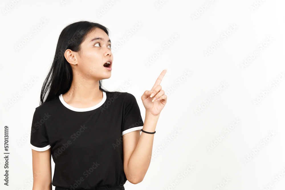 Showing Product and Pointing Side using forefinger with Shocked Face of Beautiful Asian Woman Showing Product and Pointing Side using forefinger with Shocked Face of Beautiful Asian Woman