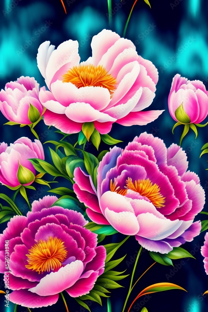 Bunch of Peony flowers in a watercolor style with seamless background pattern, created with Generative AI technology