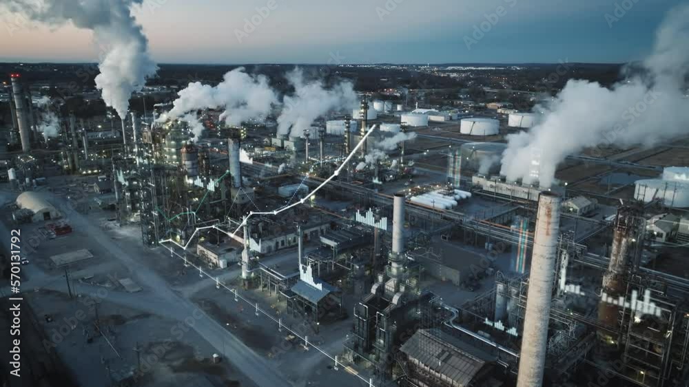Oil refinery with positive trend chart. Aerial view with animation and motion graphics displaying upward trends on charts and graphs. Money and production of energy. Power plant in America.