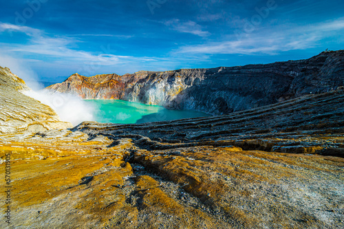 Drone view of Kawah Ijen crater in Banyuwangi Regency of East Java, Indonesia photo