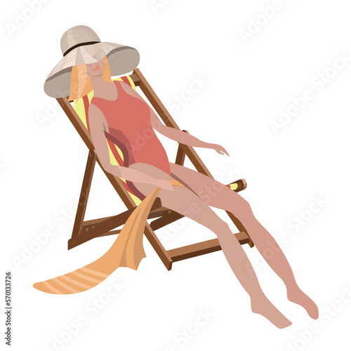 A charming girl in a hat and a swimsuit is sitting on a chaise longue, isolated on a white background.Vector illustration for summer tourist designs.
