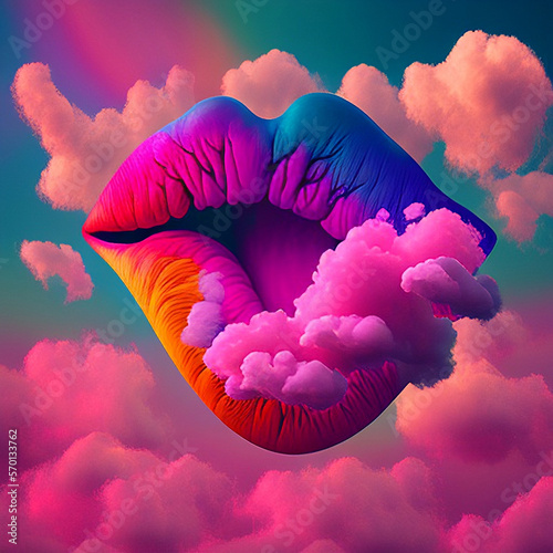 kiss the sky , rainbow lips floaing  in fluffy clouds  photo