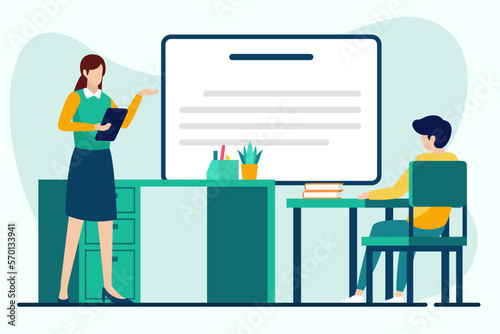 Man and woman sitting at desk in office and discussing something. Vector illustration in flat style