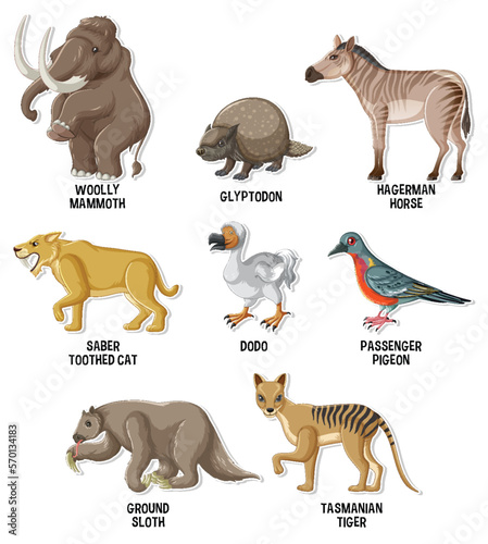 A set of extinct animals sticker set
