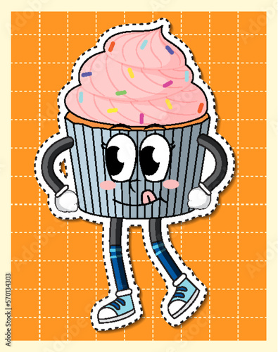 Cute cupcake cartoon character on grid background