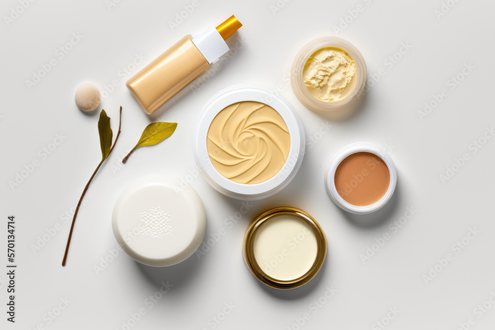 Beauty products, makeup, skincare, flat lay on white background. Generative AI. Beauty products, makeup, skincare, flat lay on white background. Generative AI.
