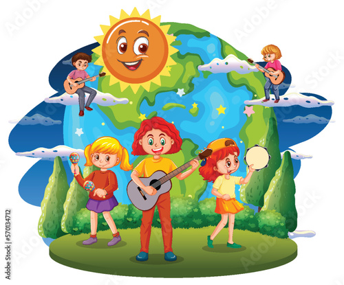 Children playing music on earth globe