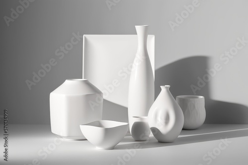 White pottery and dishware on white background, ceramic dishes. Generative AI.