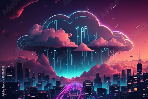Cloud computing technology concept with synthwave style made by generative ai