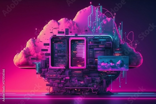 Cloud computing technology concept with synthwave style made by generative ai
