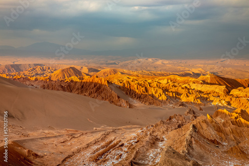 Moon Valley, Valle de la Luna dramatic landscape a Sunset, Atacama Desert, Chile