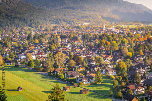 Fototapeta Naklejka Na Ścianę i Meble -  Garmisch Partenkirchen cityscape from above at sunrise, Bavaria, Germany
