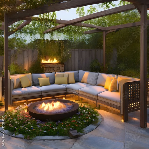 Fotografiet A cozy outdoor living room with a pergola and fireplace3, Generative AI