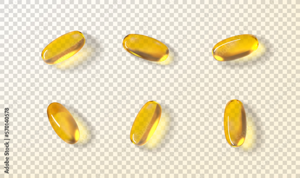 Set of golden oil capsules. Vector illustration with realistic softgels with fish oil, omega 3 or vitamin E, A. Golden transparent capsules isolated on checkered background. Dietary supplement. - obrazy, fototapety, plakaty 
