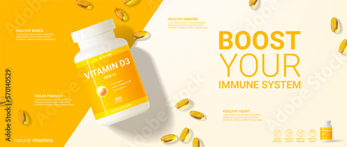 Minimalistic ad banner of vitamin d3. 3d vector illustration of dietary supplement. Top view on realistic bottle and softgels for promotion of vitamin d3. Concept of healthy immune system.