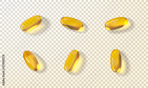 Set of golden oil capsules. Vector illustration with realistic softgels with fish oil, omega 3 or vitamin E, A. Golden transparent capsules isolated on checkered background. Dietary supplement. photo