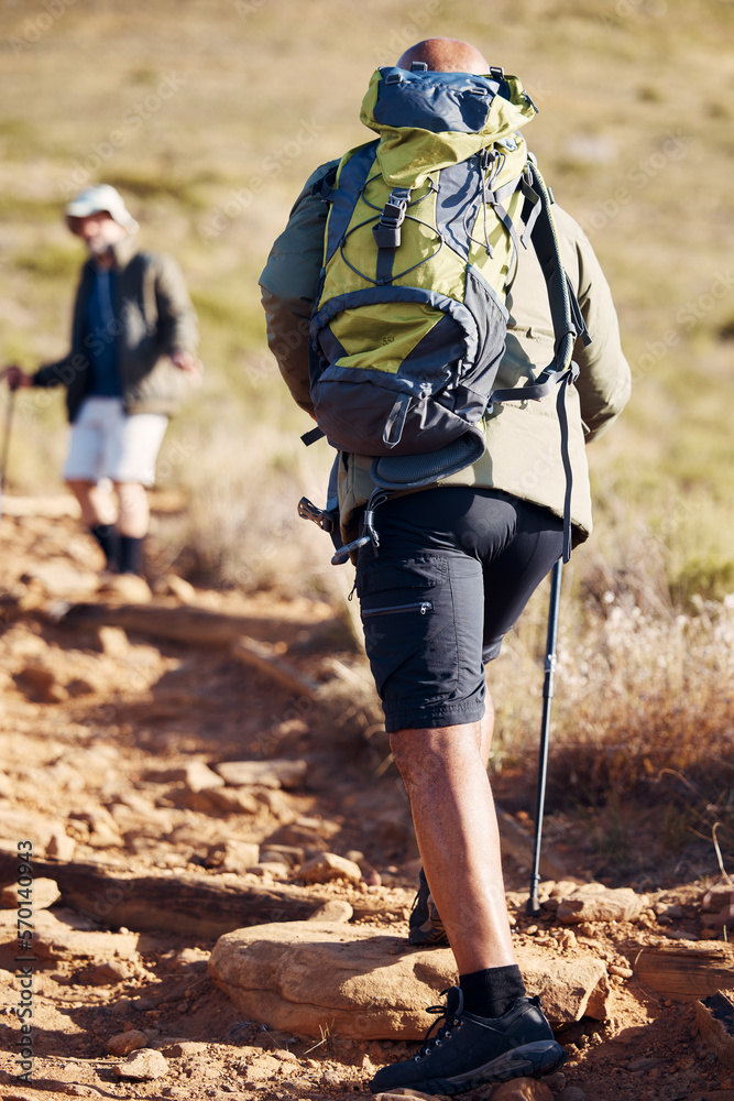 Senior hiking, nature and elderly men walking on a mountain path outdoor for cardio. Friends, exercise and workout in summer of an old man back on a journey and adventure in the mountains for fitness Senior hiking, nature and elderly men walking on a mountain path outdoor for cardio. Friends, exercise and workout in summer of an old man back on a journey and adventure in the mountains for fitness