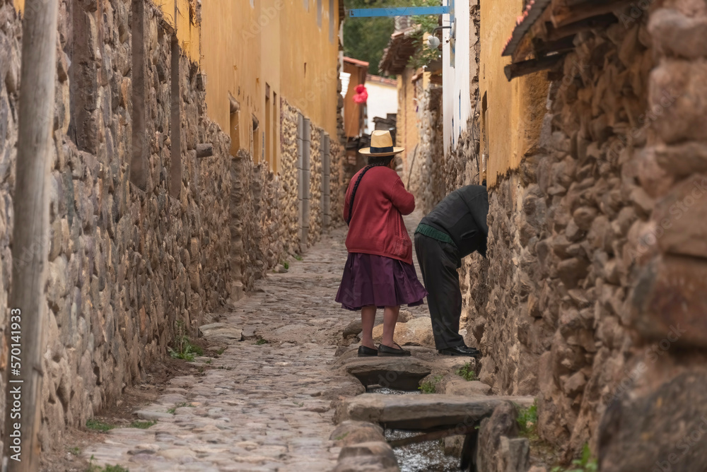 Cobblestone and narrow streets in an Inca town in Peru