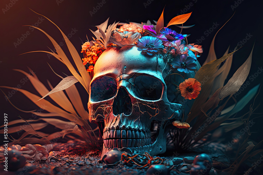 human skull with flowers with colored neon light. Generative AI