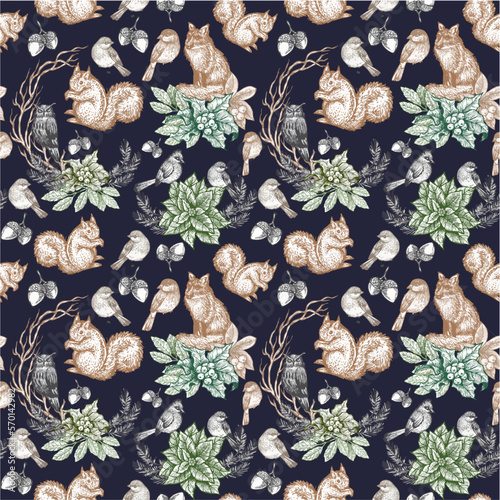 Seamless pattern, plants, foliage, flowers, winter animals for other backgrounds