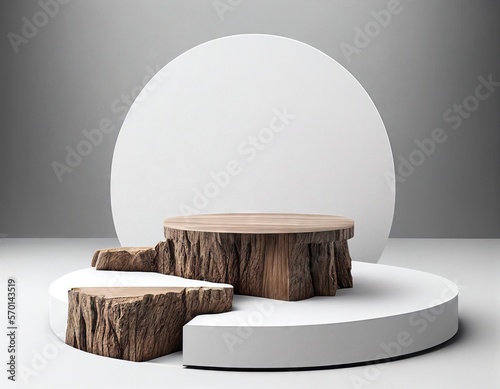 white podium and stump on white backdrop for montage product display. illustration Generative AI
