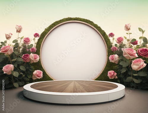 Happy valentines day podium surrounded by fields of roses, illustration Generative AI