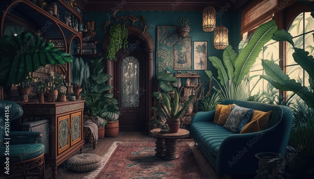 Cozy Beautiful Bohemian jungle Interior Design for Your Home: Bold, Colorful, and Unique Style for Room Renovations, Furniture, and Architecture (generative AI)