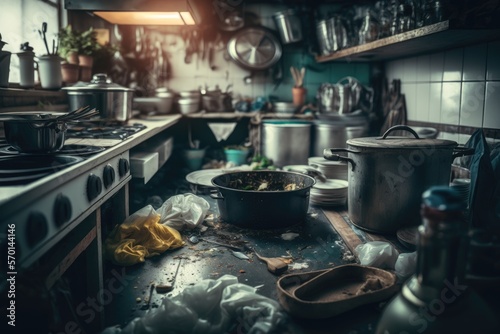 Dirty industrial kitchen restaurant, cozinha suja de restaurante, vergonha da profissão, generative by AI