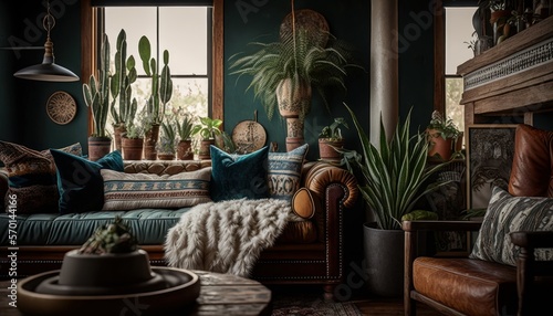 Cozy Beautiful Boho chic bohemian living room Interior Design for Your Home: Bold, Colorful, and Unique Style for Room Renovations, Furniture, and Architecture (generative AI)