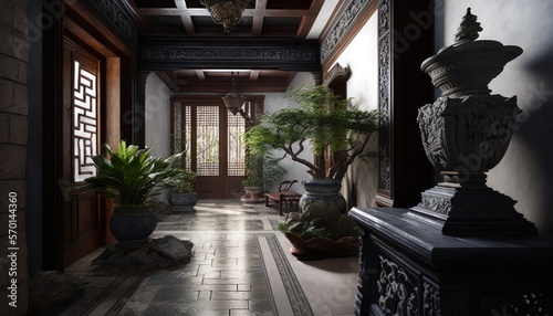 Cozy Beautiful Chinese-Inspired Entrance Hall with Stone Flooring Interior Design for Your Home: Bold, Colorful, and Unique Style for Room Renovations, Furniture, and Architecture (generative AI)