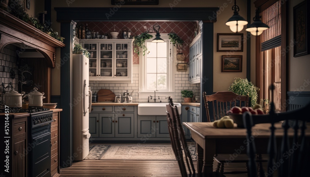Cozy Beautiful Cozy farmhouse kitchen Interior Design for Your Home: Bold, Colorful, and Unique Style for Room Renovations, Furniture, and Architecture (generative AI)