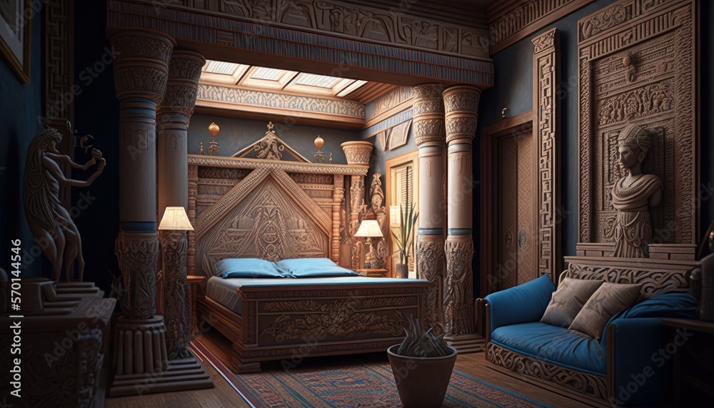 Cozy Beautiful Egyptian-themed bedroom Interior Design for Your Home: Bold, Colorful, and Unique Style for Room Renovations, Furniture, and Architecture (generative AI)