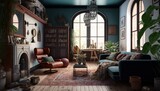 Cozy Beautiful Eclectic bohemian living room Interior Design for Your Home: Bold, Colorful, and Unique Style for Room Renovations, Furniture, and Architecture (generative AI)
