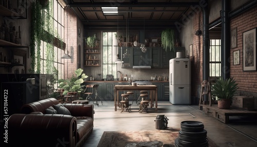 Cozy Beautiful Industrial loft Interior Design for Your Home: Bold, Colorful, and Unique Style for Room Renovations, Furniture, and Architecture (generative AI)