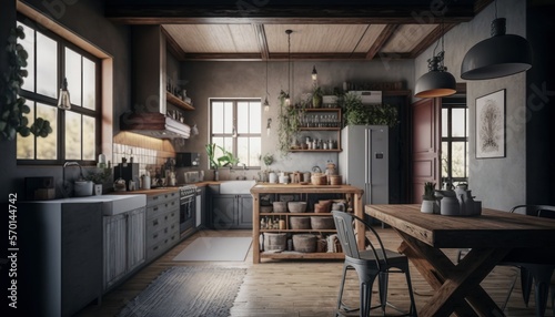 Cozy Beautiful Industrial style kitchen with concrete countertops Interior Design for Your Home: Bold, Colorful, and Unique Style for Room Renovations, Furniture, and Architecture (generative AI)